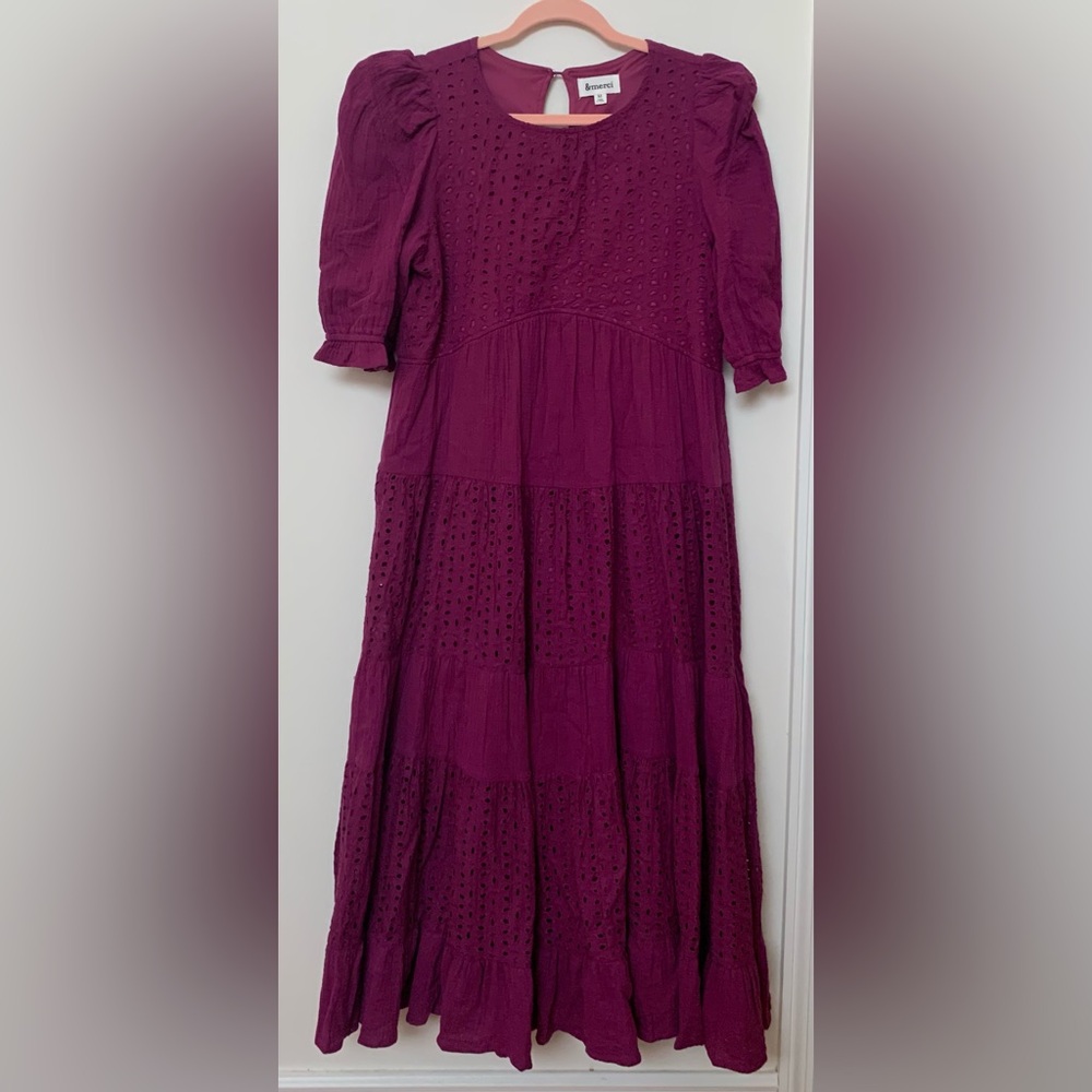 Purple and Pink Midi Eyelet Sundress with Puff Sleeves
